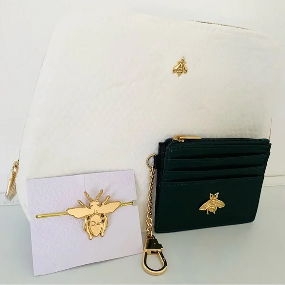 Dior Hair Band Gold Bee + Guerlain White Cosmetic Bag + Green Card Holder - SET - Picture 3 of 15